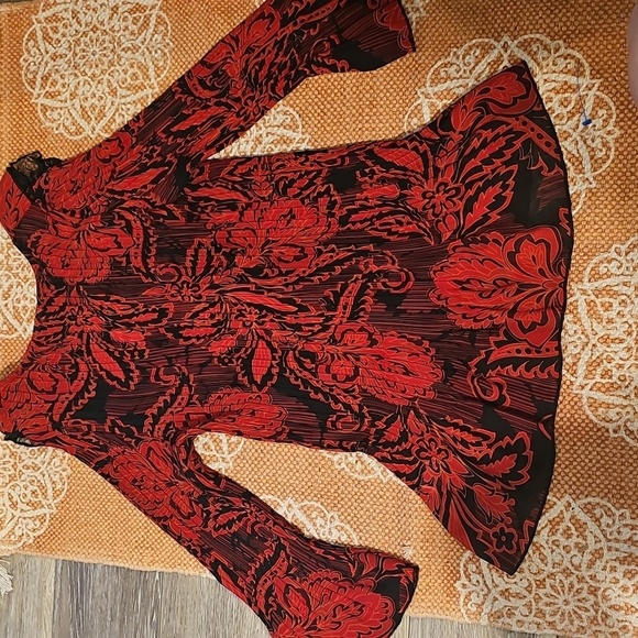 Cato Red and Black V-Neck, Floral Long Sleeve Ruffled Shirt, Indonesia, Size M - Picture 10 of 10